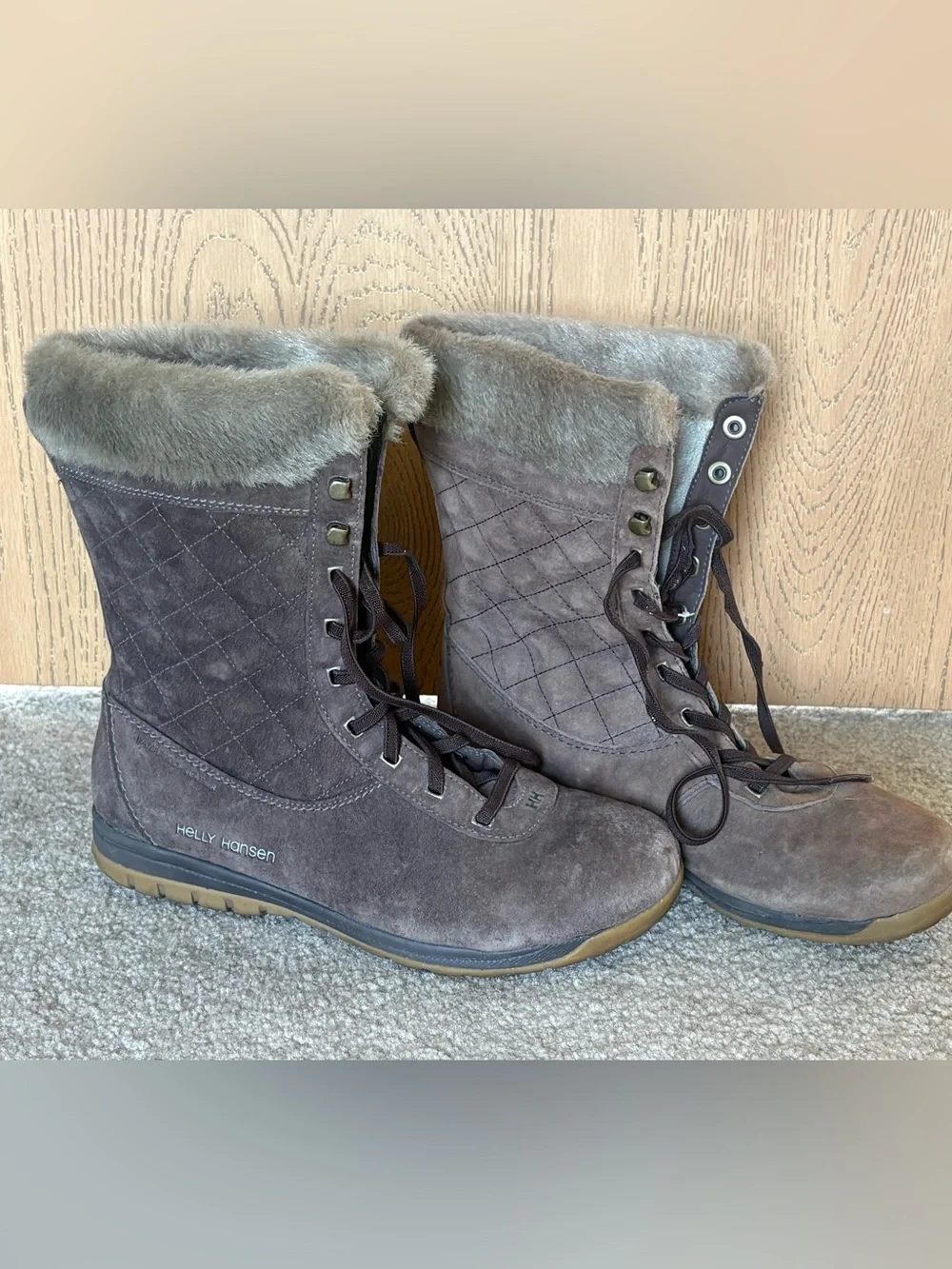 Helly Hansen Women's Gray-Brown Waterproof Leather Fur-Trim Lace-Up Winter Boots